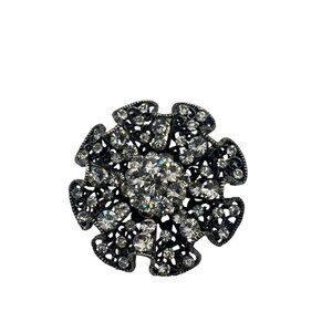Vintage Silver-Tone Floral Crystal Rhinestone Brooch Round Sparkling Pin NEW